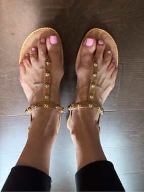 Lilly Pulitzer Gold-Studded Tan T-Strap Sandals